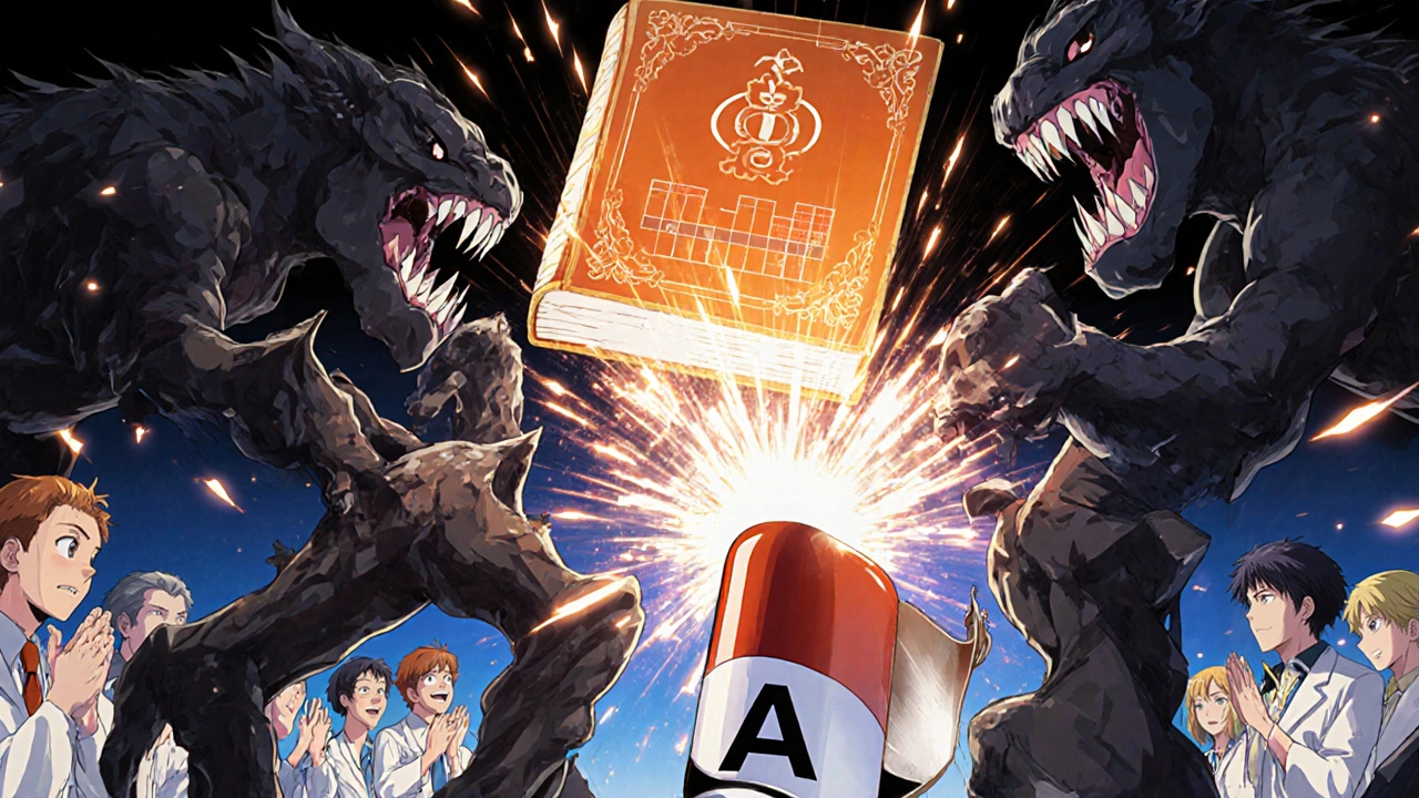 A heroic generic pill battles misinformation monsters, protected by an AB shield and glowing therapeutic data.