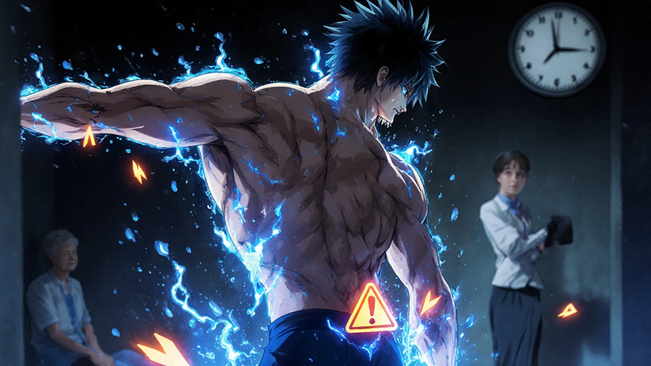 A man receiving sudden muscle relief from tizanidine during a stretch, glowing energy bursts.