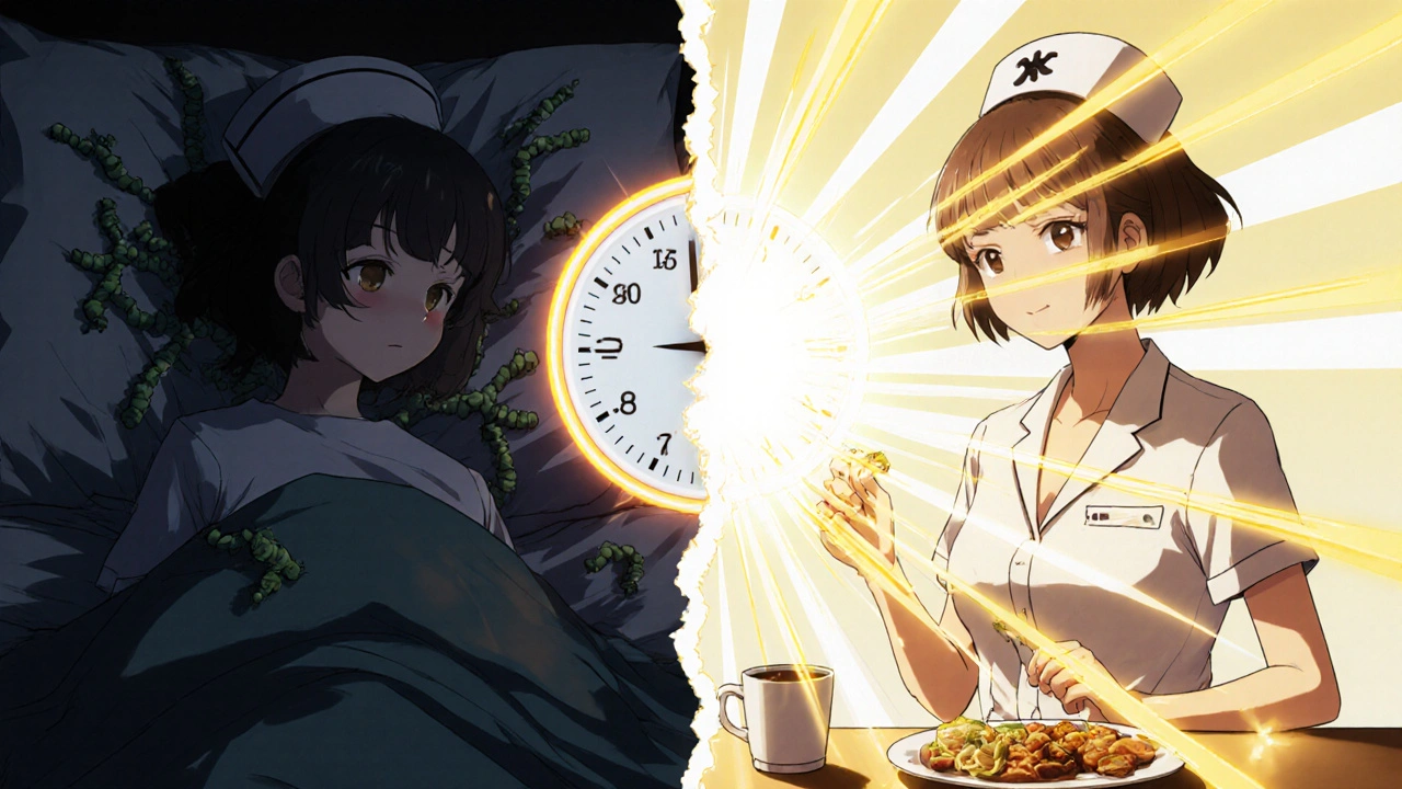A nurse sleeping in daylight with shadowy fat vines vs. eating breakfast in sunlight with energy rays, showing circadian conflict and alignment.