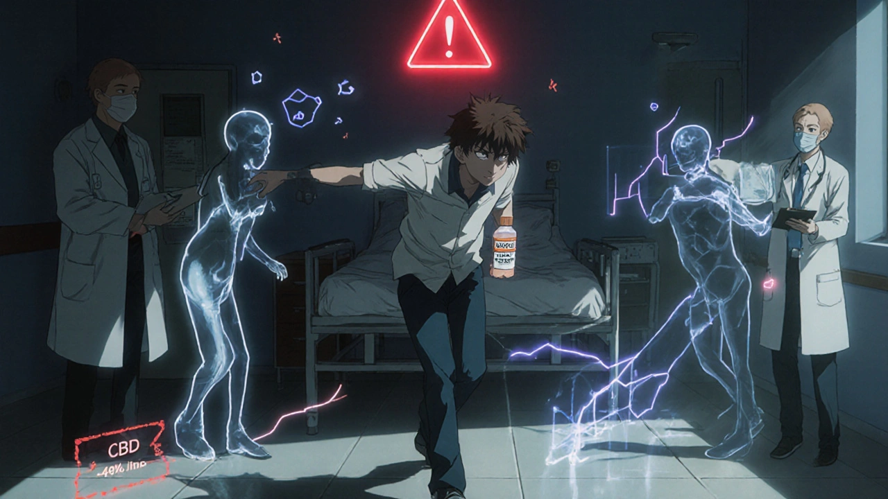 A patient collapsing from CBD-warfarin interaction, doctors rushing as INR graphs spiral in the air.