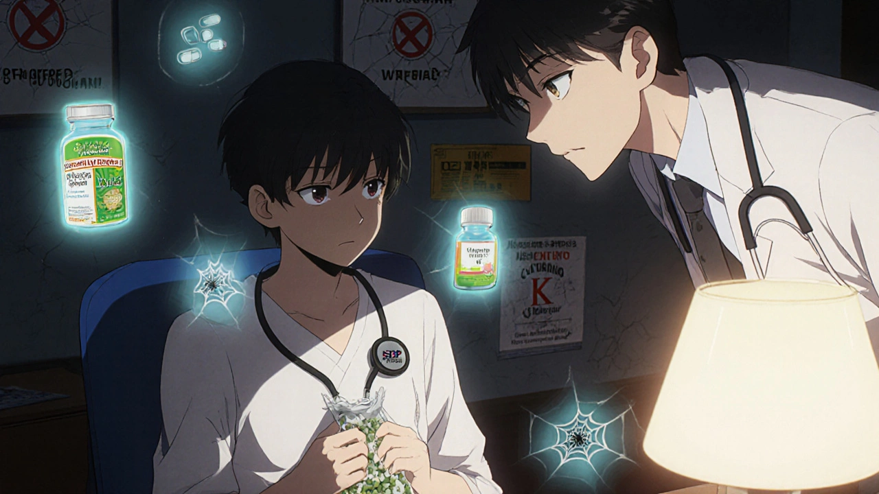A patient hiding herbal capsules in a doctor’s office, with ghostly images of dangerous drug interactions floating around them.