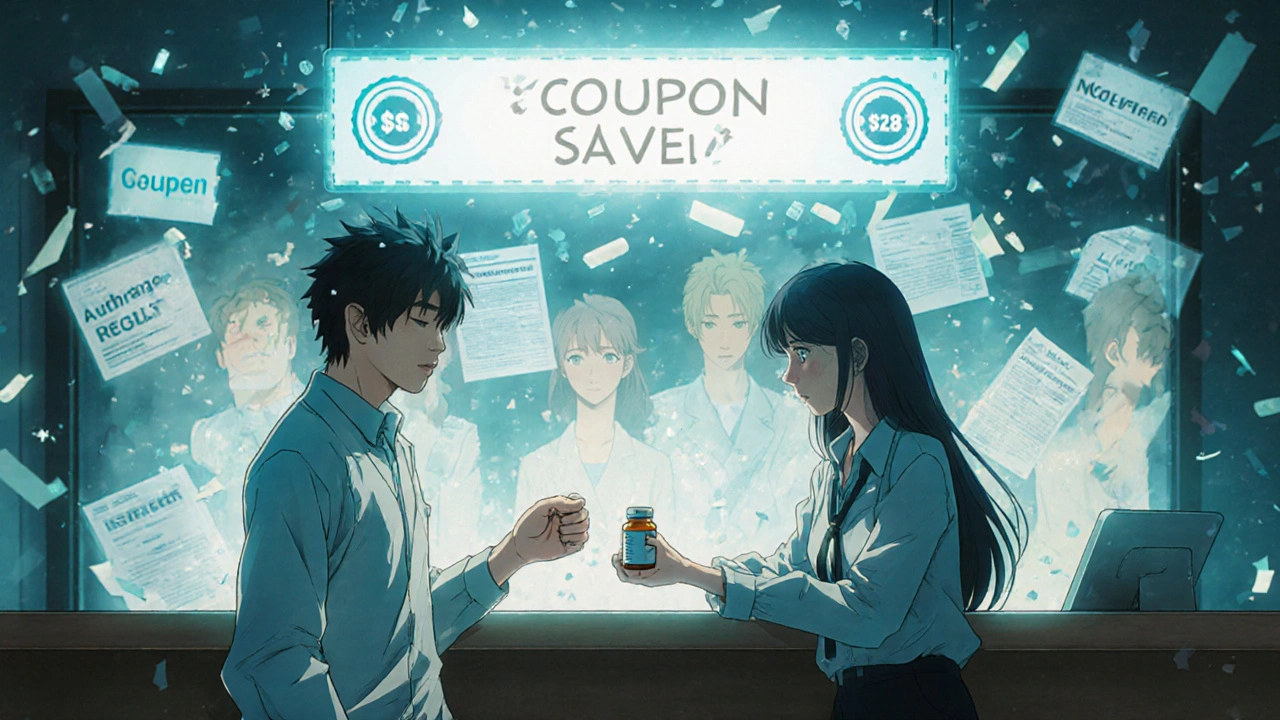 A pharmacist hands a discounted pill bottle to a patient as financial aid symbols fade into light.