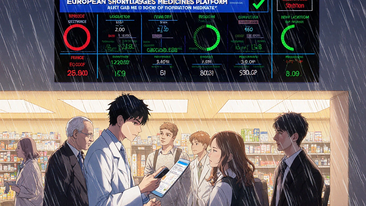 A pharmacist scans a cross-border prescription in an Italian pharmacy, with a live drug availability dashboard glowing behind them.