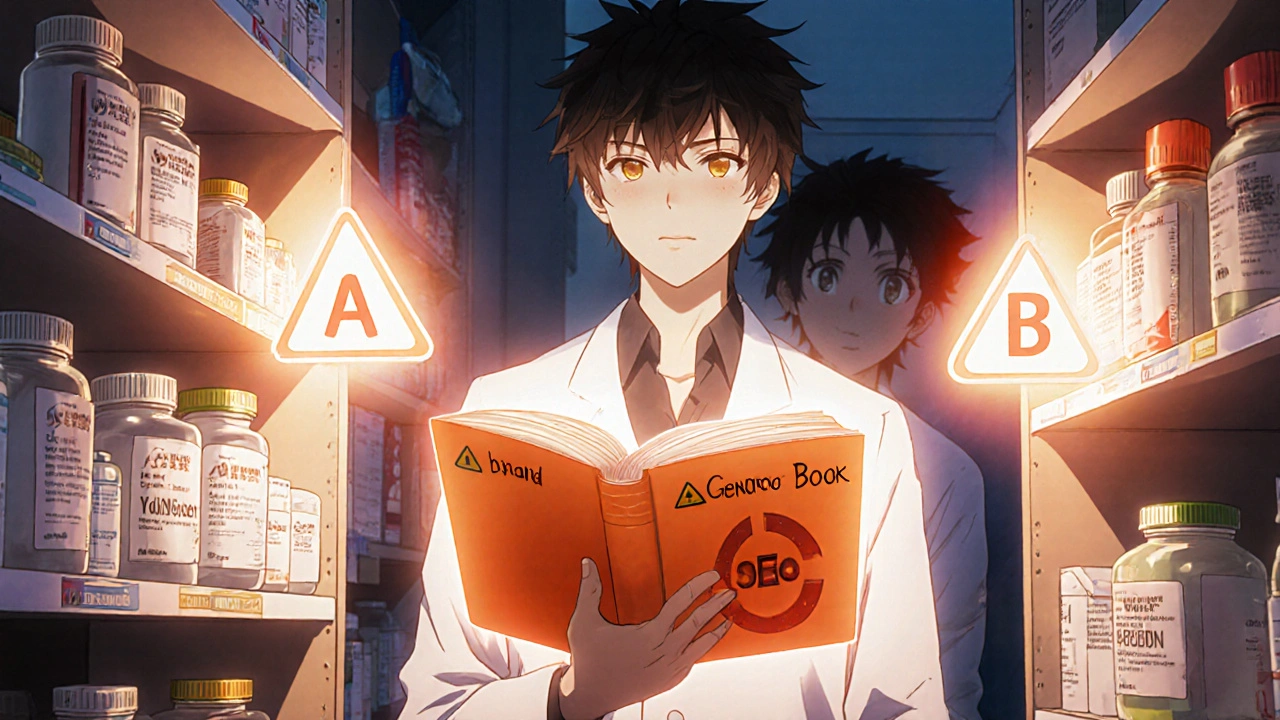 A pharmacist stands between brand and generic drugs, with a glowing FDA Orange Book showing AB ratings.