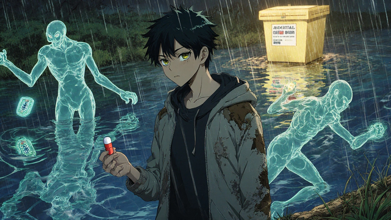 A teen holds a pill at a riverbank, spectral antibiotic-resistant bacteria swirl around them as a golden take-back bin glows in the distance.
