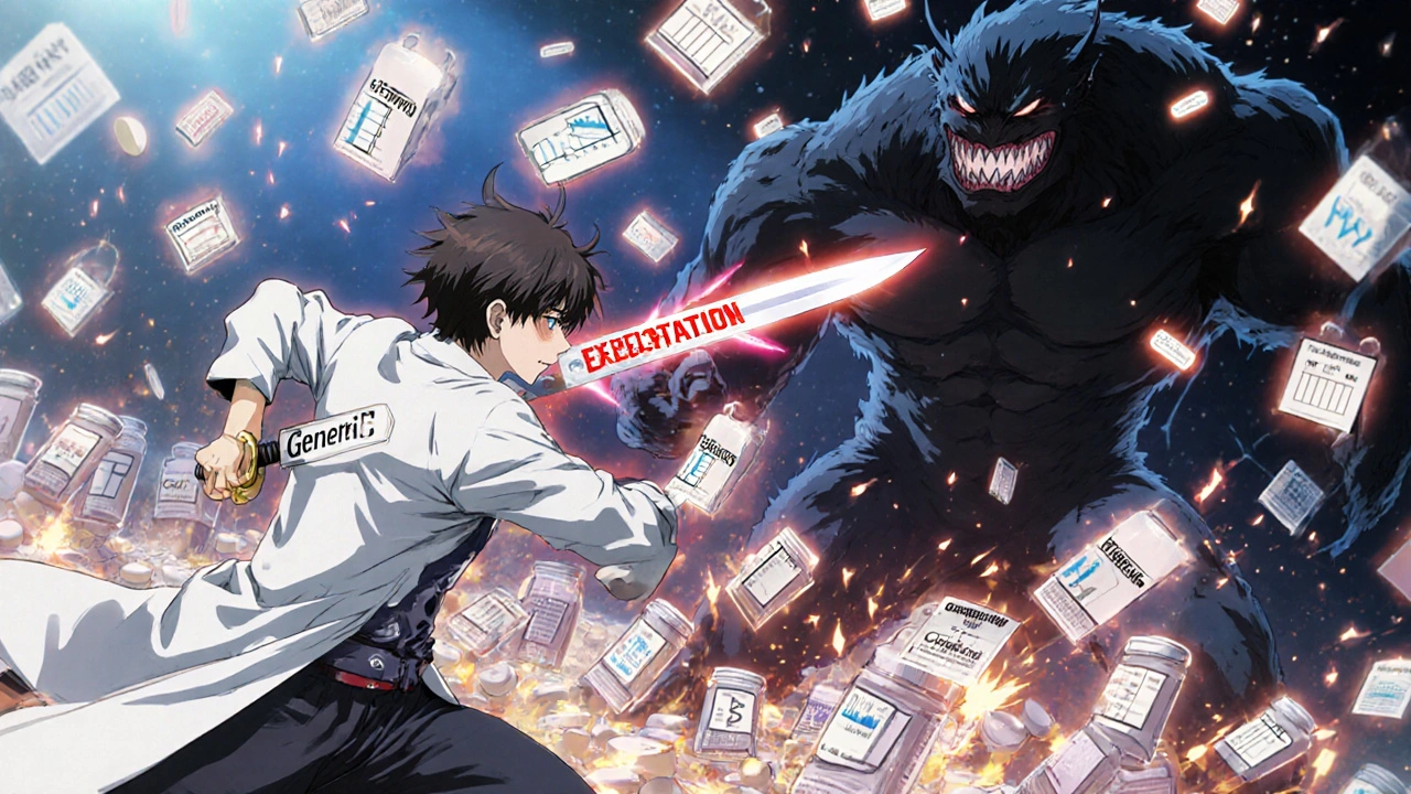 A warrior fighting a shadowy pill beast in a mind battlefield, symbols of health and cost floating around them.