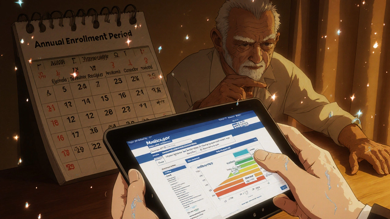 An elderly person examines a Medicare cost tool on a tablet, with a calendar showing enrollment dates.