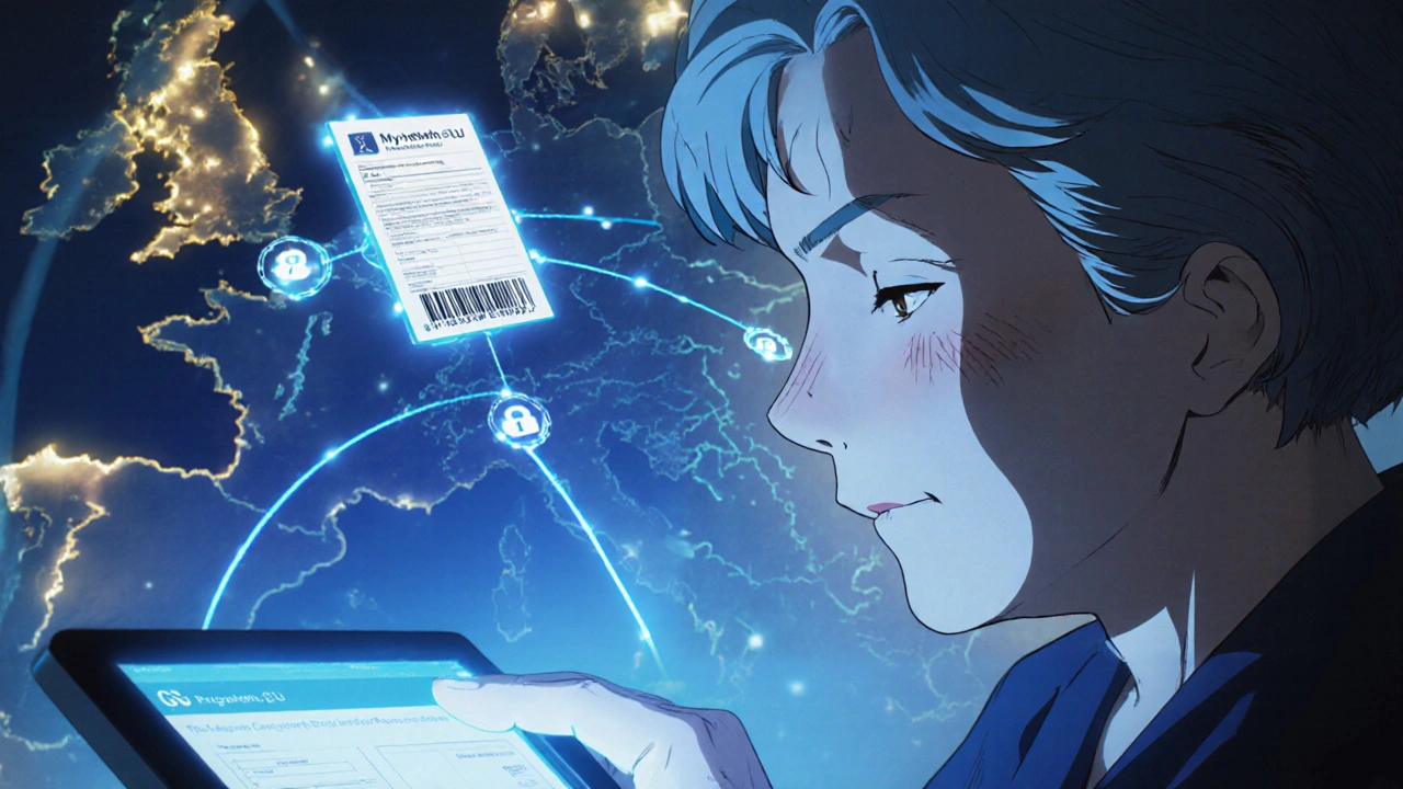 An elderly woman authorizes her ePrescription across Europe via a glowing health portal on her tablet.