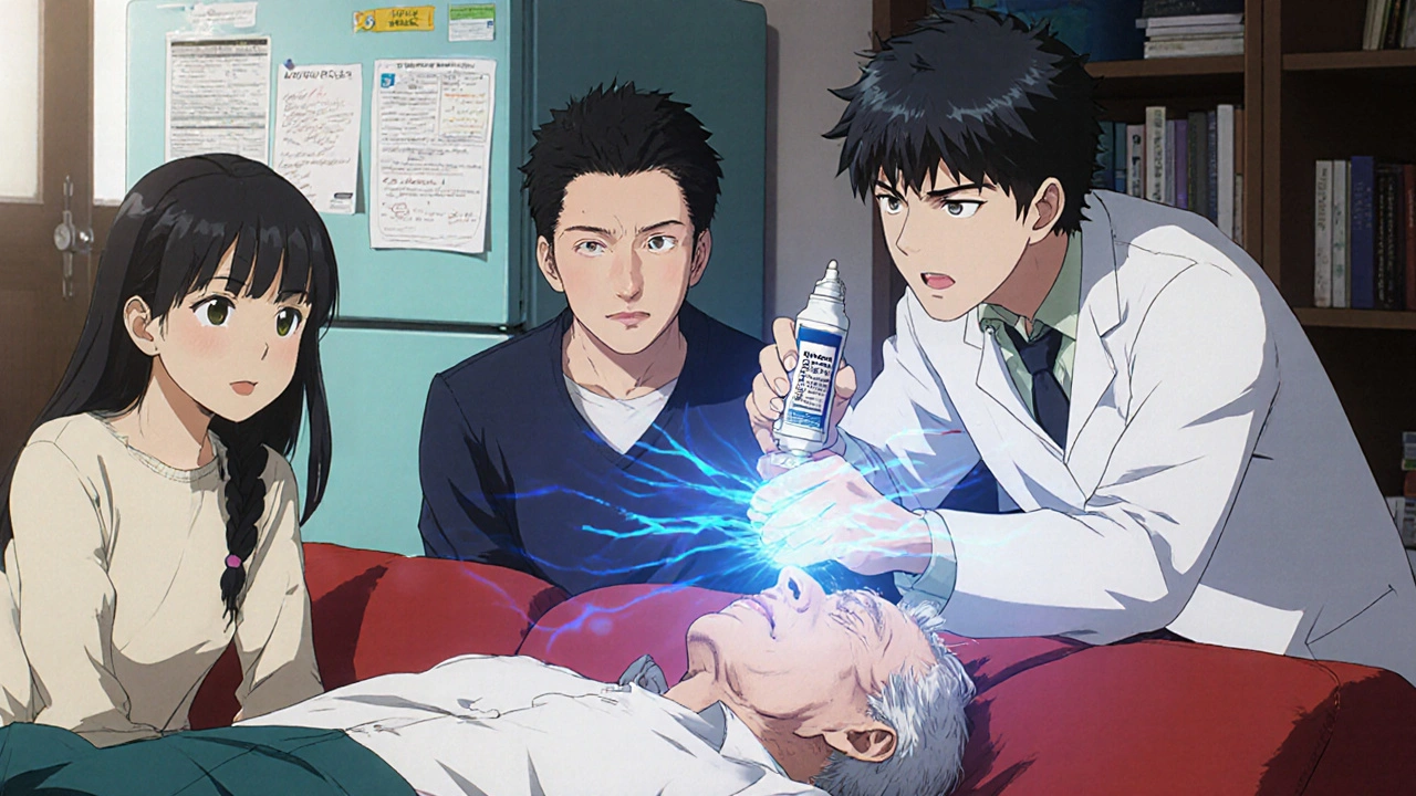 Caregiver administering nasal glucagon to unconscious elderly man, family watching in relief.