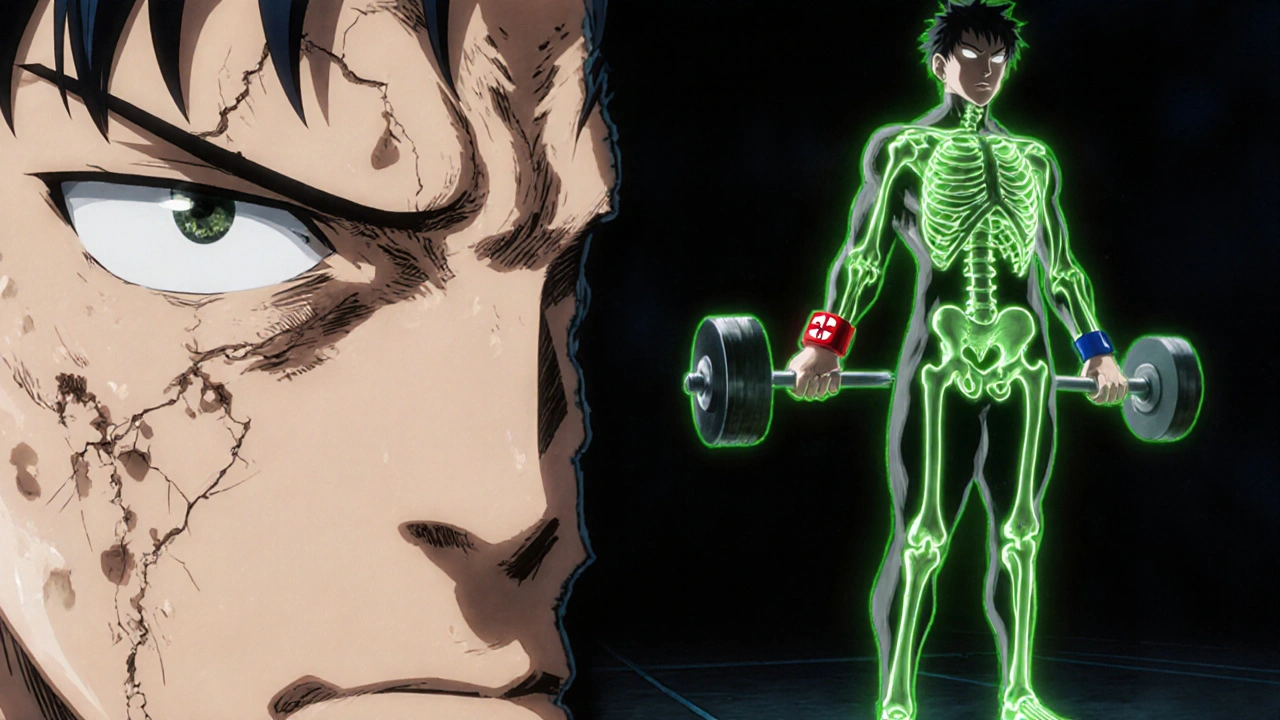 Contrasting images of a patient suffering long-term steroid side effects versus recovering through exercise and care.