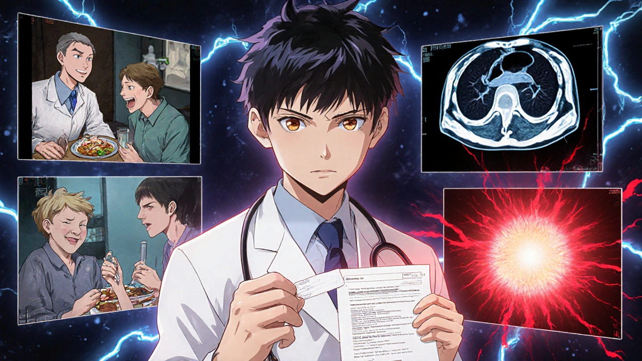 Doctor holding glowing medical scan while patient&#039;s past self ignores warning signs in fading memories.