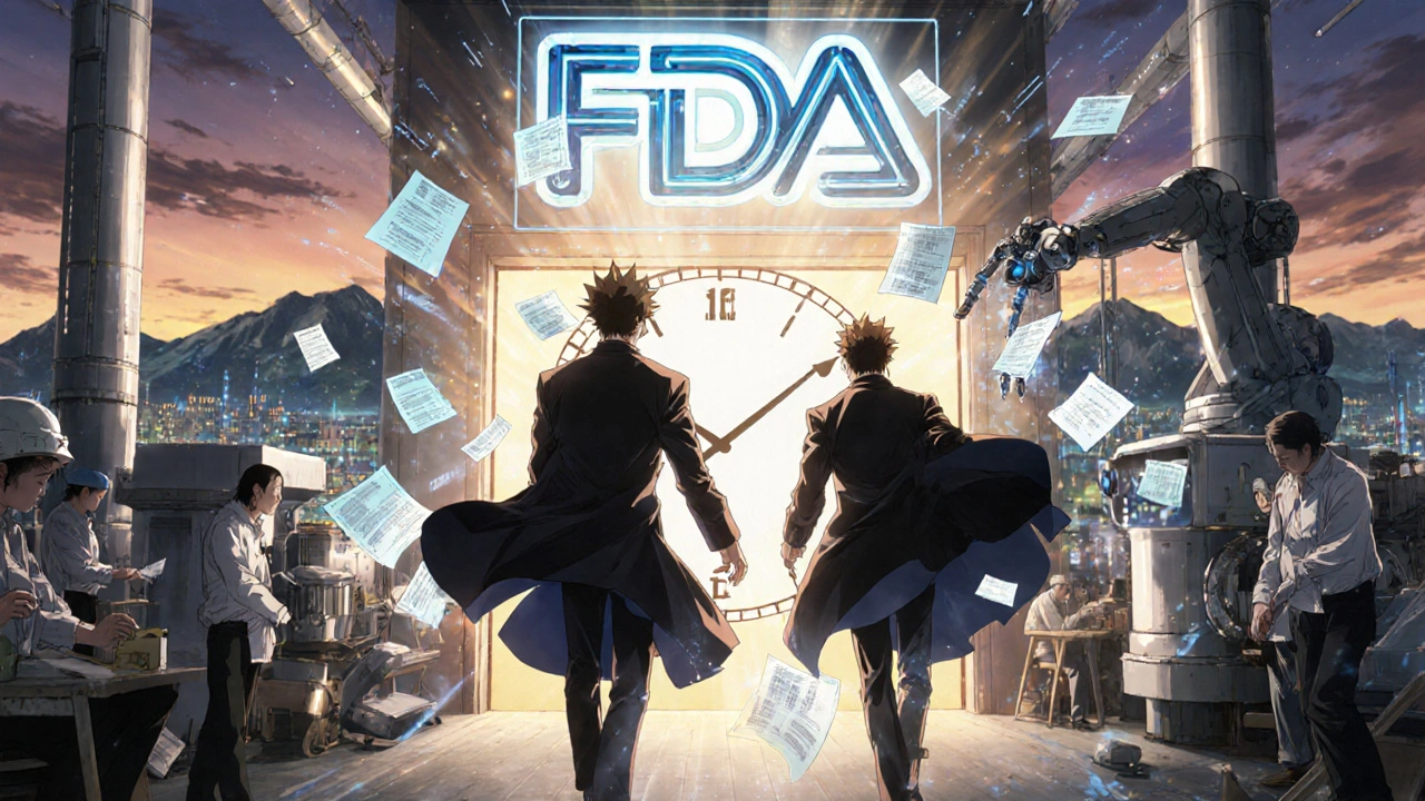 FDA inspectors entering a factory at dawn as holographic reports float around them and global factories glow in the distance.