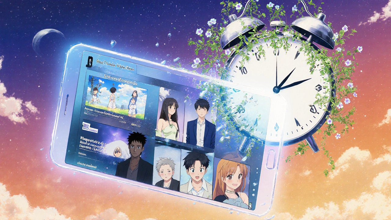 Holographic CBT-I app guiding diverse people to better sleep, with a melting clock turning into flowers.