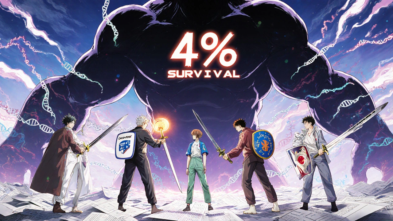 Patients in battle against cancer monster using targeted therapy weapons, AI and blood test shields, glowing pancreas in hand.