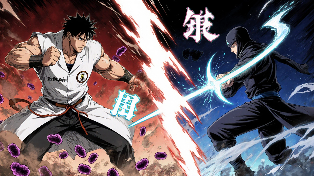 Roxithromycin warrior battling bacteria versus azithromycin ninja in dynamic anime battle scene.