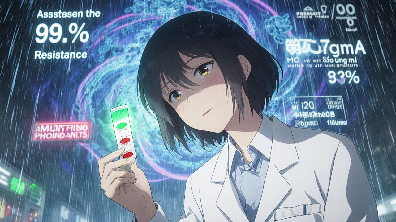 Scientist testing antibiotic potency with glowing strip as bacteria mutate on screen