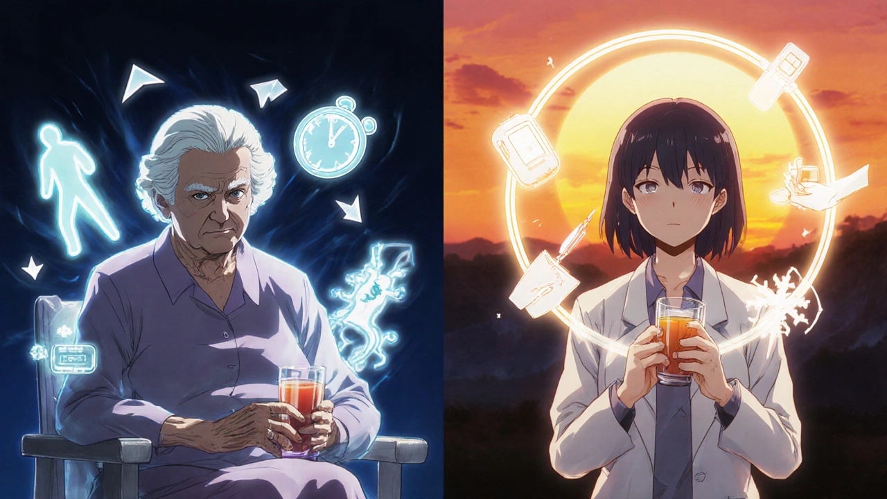 Split image: dementia patient fading from low blood sugar vs. safe and smiling with glucose support.