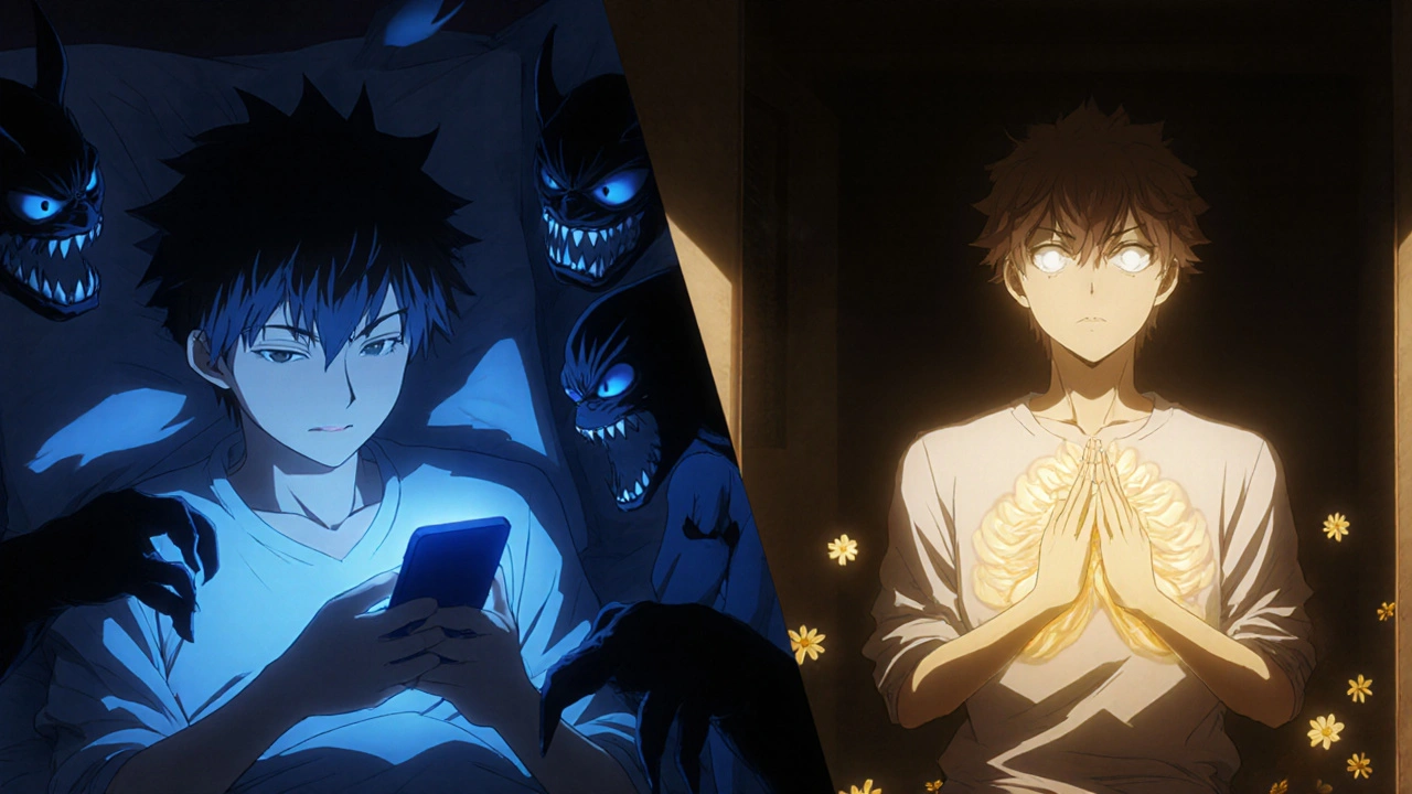 Split scene: one side shows anxiety in bed with blue screen glow, the other shows calm breathing with warm light.