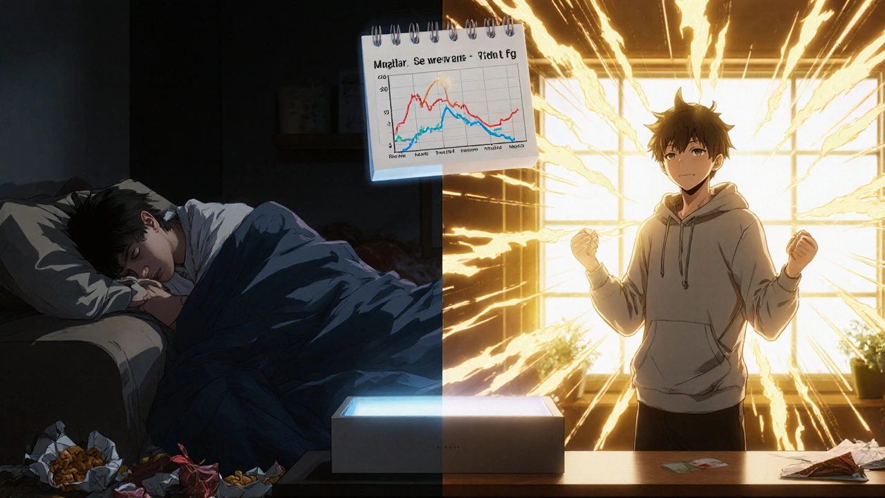 Split scene showing a person transforming from lethargic in shadows to energized in morning light with glowing serotonin waves.