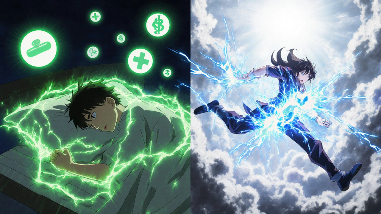 Split scene showing two forms of muscle relaxant relief — steady sleep vs. active therapy.