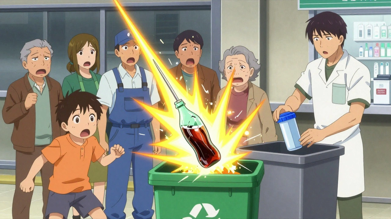A dangerous needle bursting from a plastic bottle in a recycling bin while a hero places a safe container nearby.