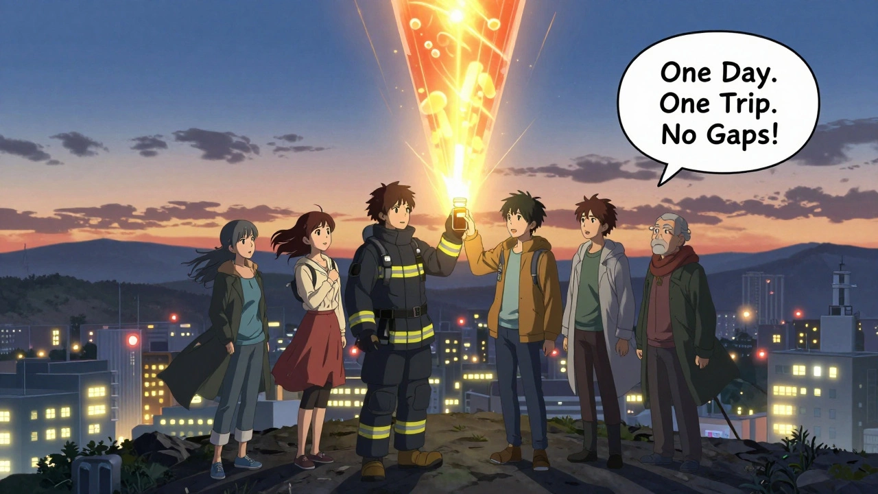 A diverse group of patients on a mountain holding glowing pill bottles that merge into one powerful sync beacon at sunrise.