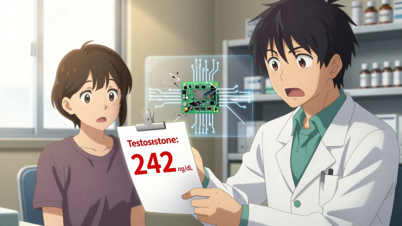 A doctor gives a patient a blood test showing dangerously low testosterone levels.