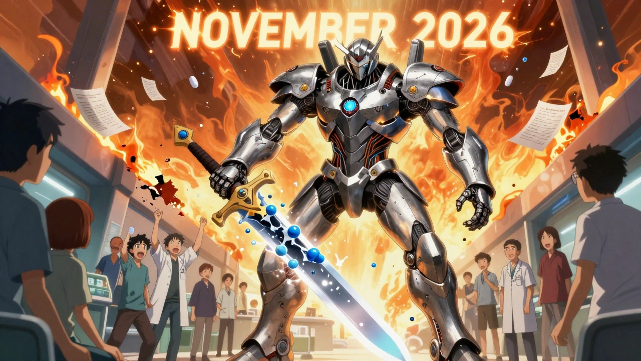 A giant drug molecule shattered by a glowing generic sword as patients cheer in a futuristic clinic.