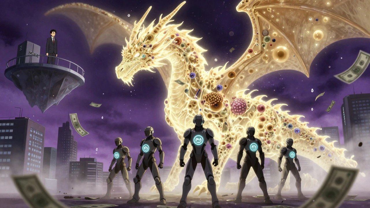 A glowing biologic dragon fading as biosimilar warriors approach, symbolizing the end of a blockbuster drug era.