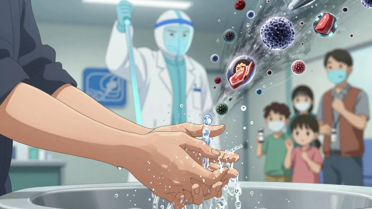 A hand washes under water with floating pathogens, guarded by a medical spirit in a clinic setting.