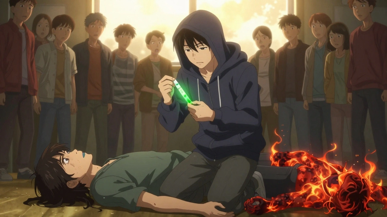 A hero administering naloxone to two overdose victims, holding a glowing fentanyl test strip, light breaking through behind them.