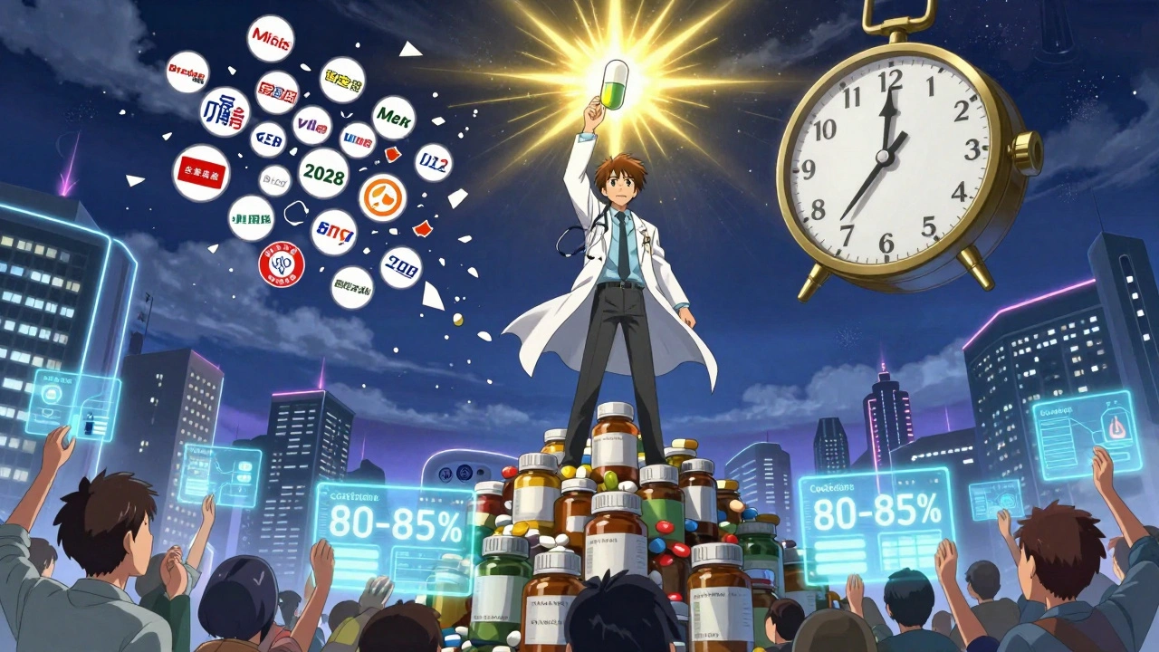 A heroic pharmacist raises a generic pill as cost-saving data lights up a futuristic city.