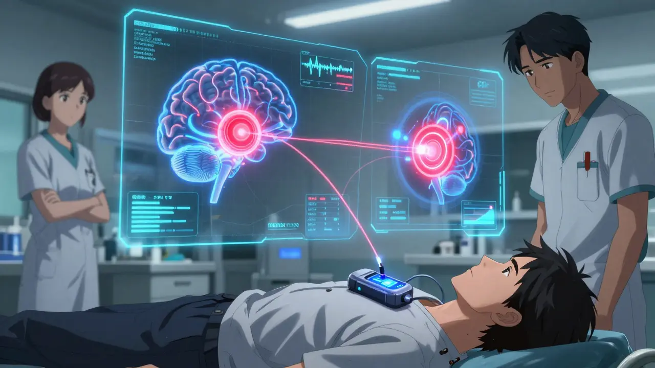 A high-tech brain scan shows glowing neural targets connected to a pulse generator, with holographic data displaying symptom improvement.