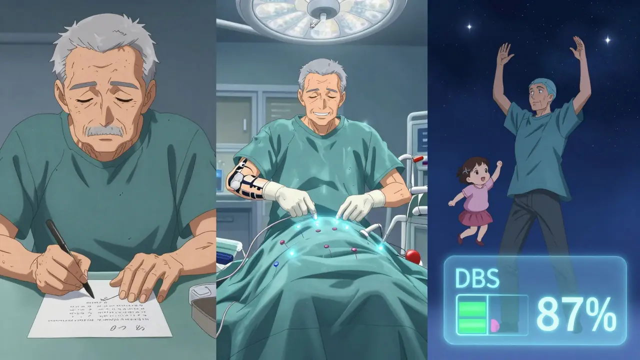 A man dances with his grandchild at night, DBS battery indicator visible, symbolizing restored movement and hope after years of Parkinson’s.