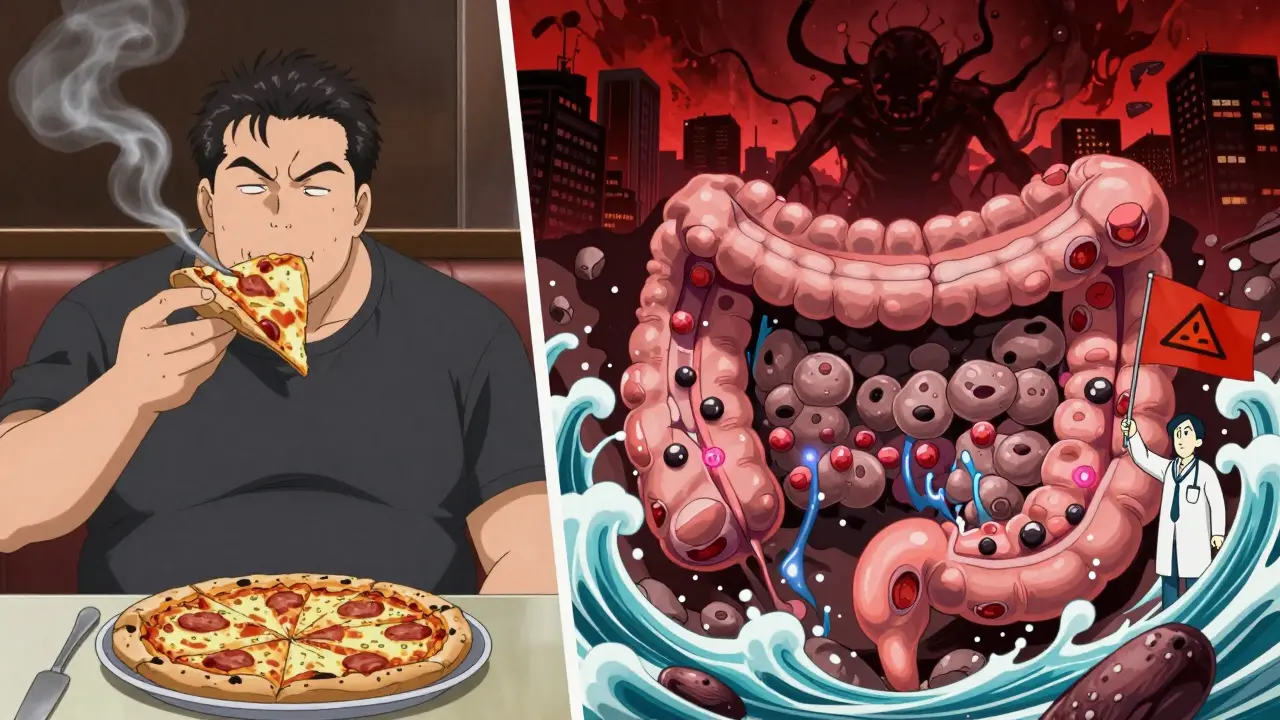 A man smoking and eating pizza while his esophagus turns into a battlefield under a dark city skyline.