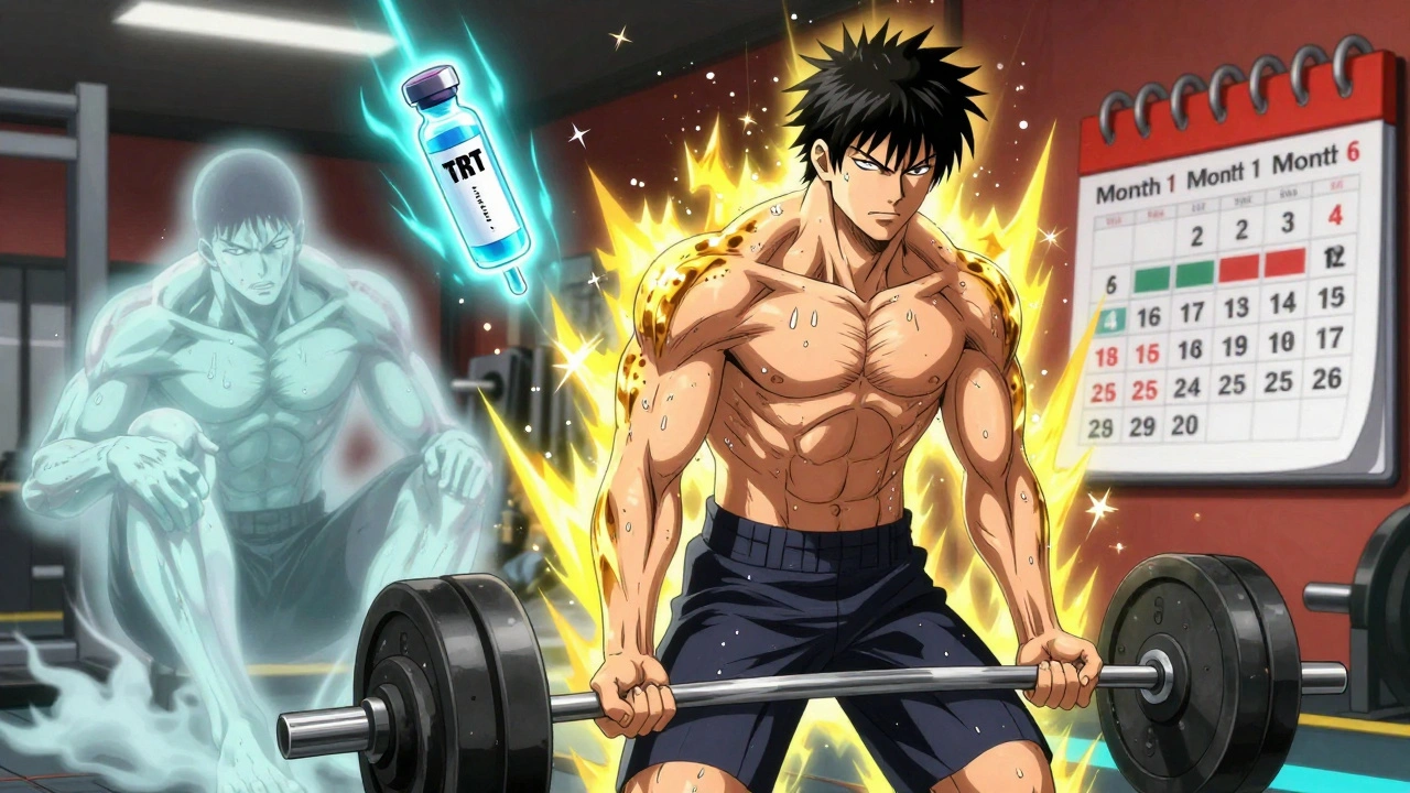 A man transforms in the gym, glowing with renewed strength as his weak past self disappears.