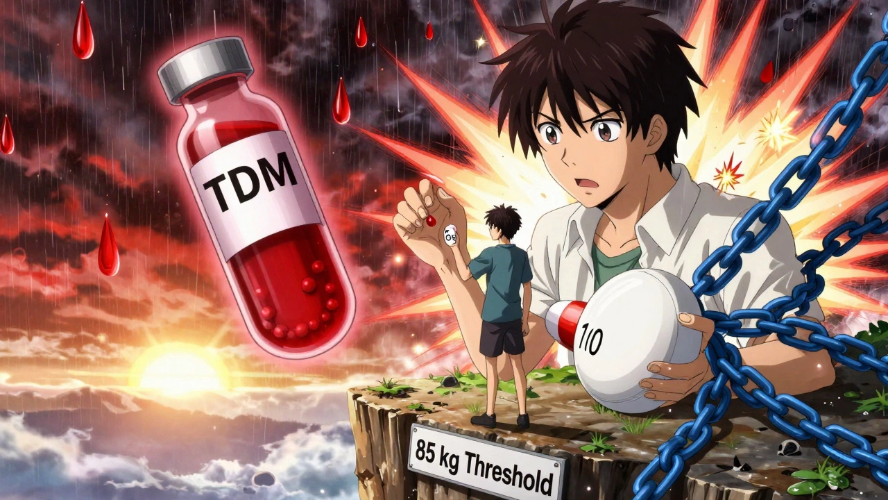 A patient choosing between two blood thinner doses at a 85 kg cliff, with bleeding and clotting storms.