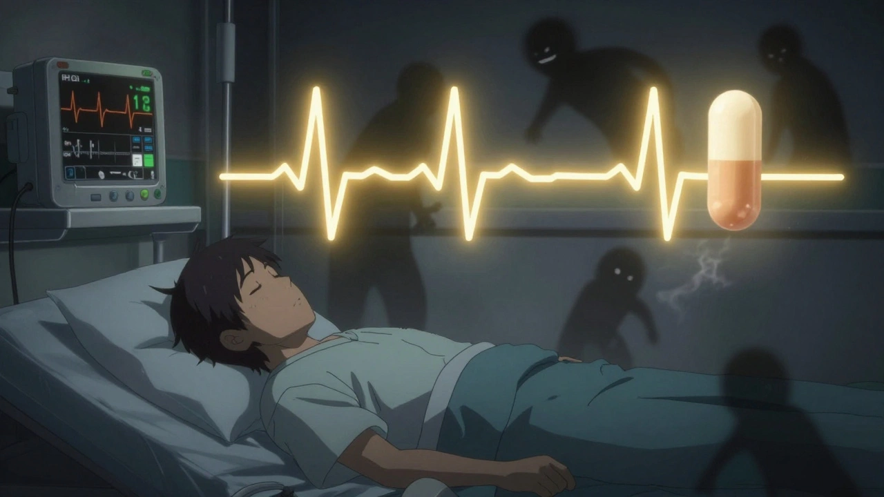 A patient sleeping peacefully as a glowing tablet calms a wild heart monitor in a dark hospital room.