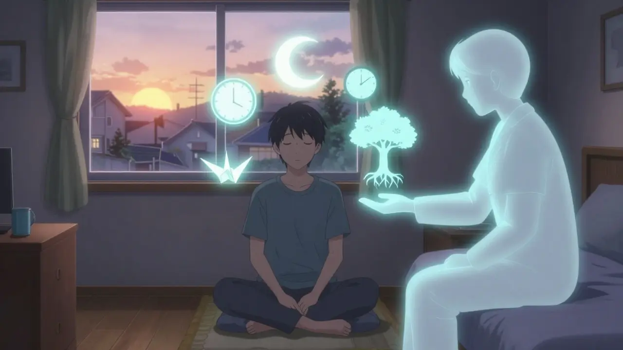 A peaceful bedroom at dawn with no pills, only calming symbols and a figure offering guidance for better sleep.