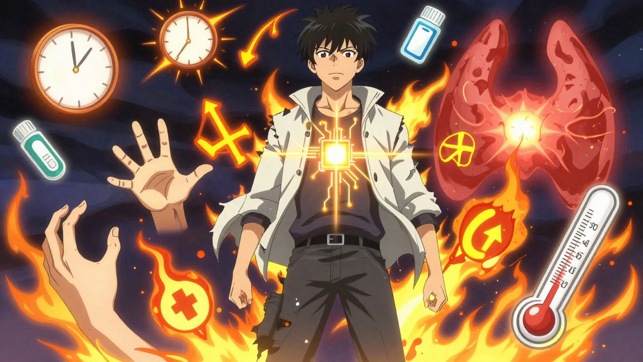 A person transforming from chaos to calm, with medical symbols activating as a circuit breaker emblem glows on their chest.