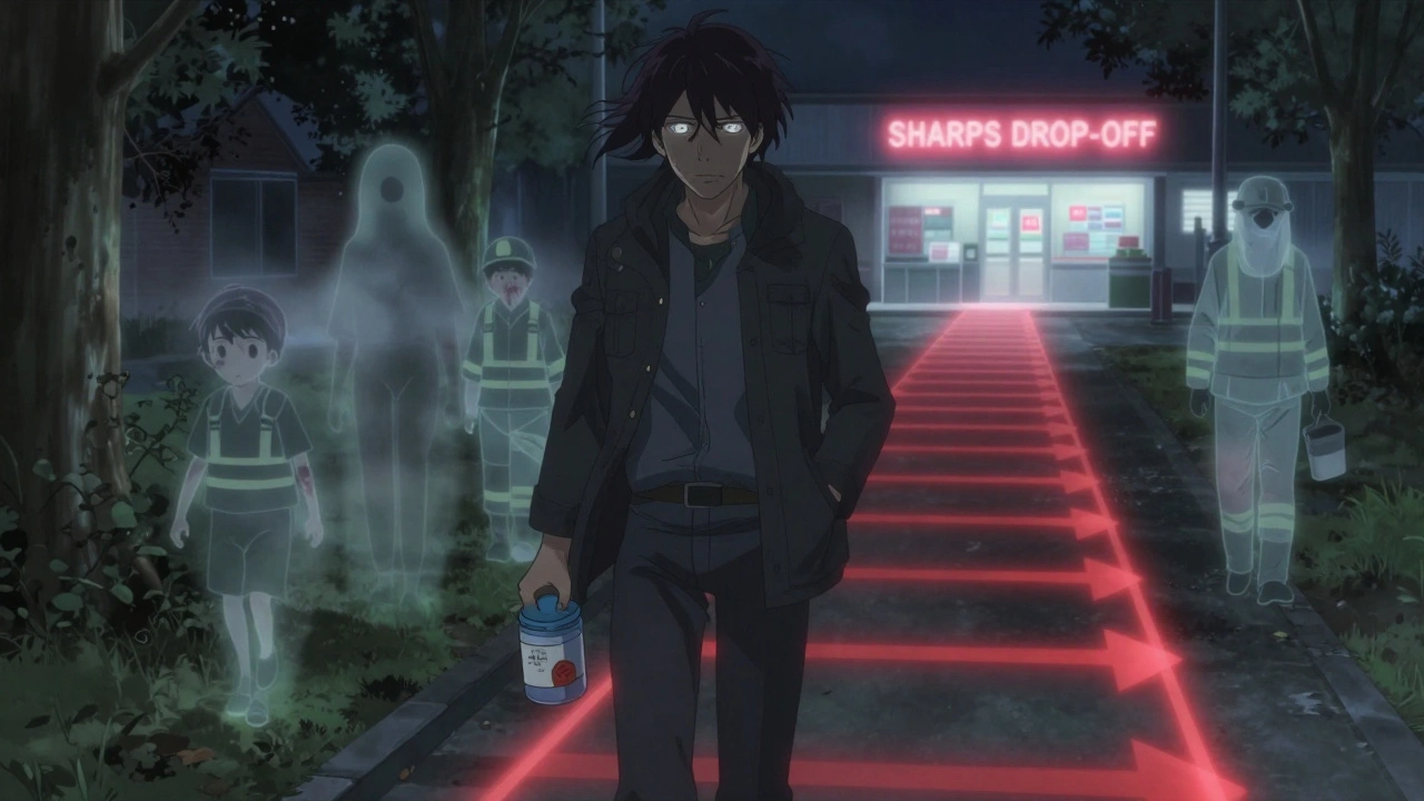 A person walks through a park at night with a sharps container as ghostly figures fade behind them, guided to a pharmacy.