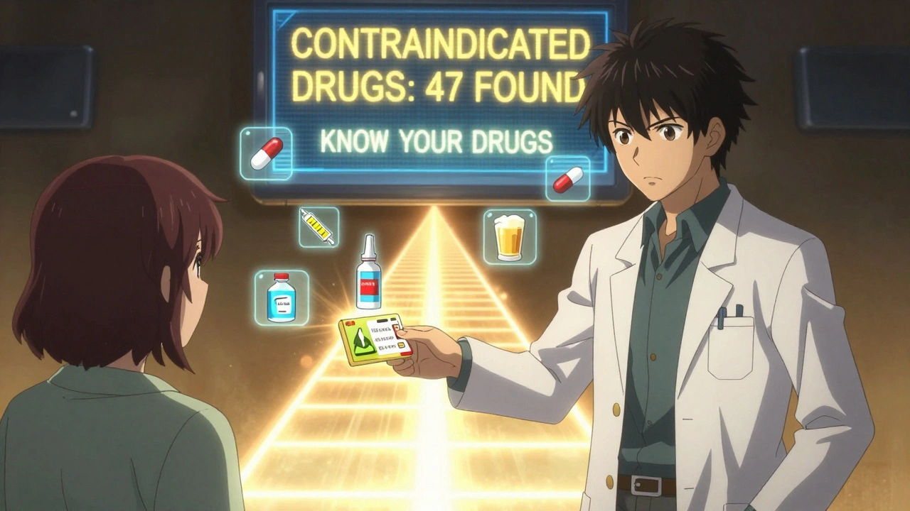 A pharmacist giving a safety card to a patient under a digital warning screen, with floating icons of dangerous and safe medications around them.