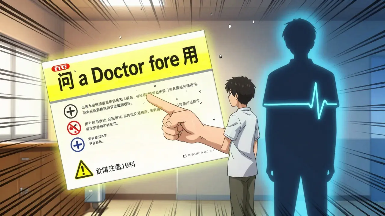 A pharmacist points to an OTC drug label with a yellow warning glow as the patient’s shadow shows a flatlining heart monitor.