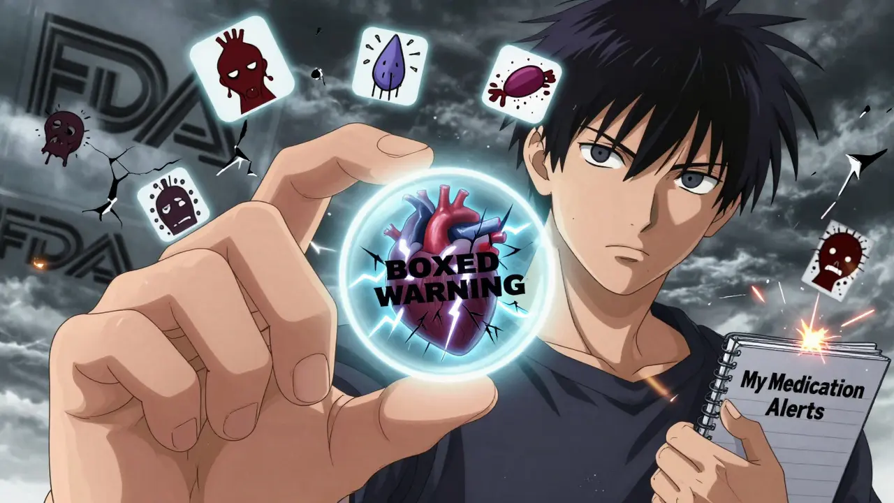 A pill reveals internal lightning bolts labeled 'BOXED WARNING' as icons of serious risks float around it in a stormy scene.