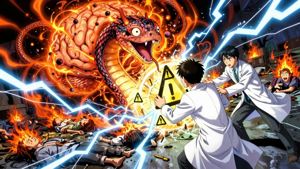 A serotonin monster raging through a brain, doctors trying to contain it, with lightning and feverish patients in the background.