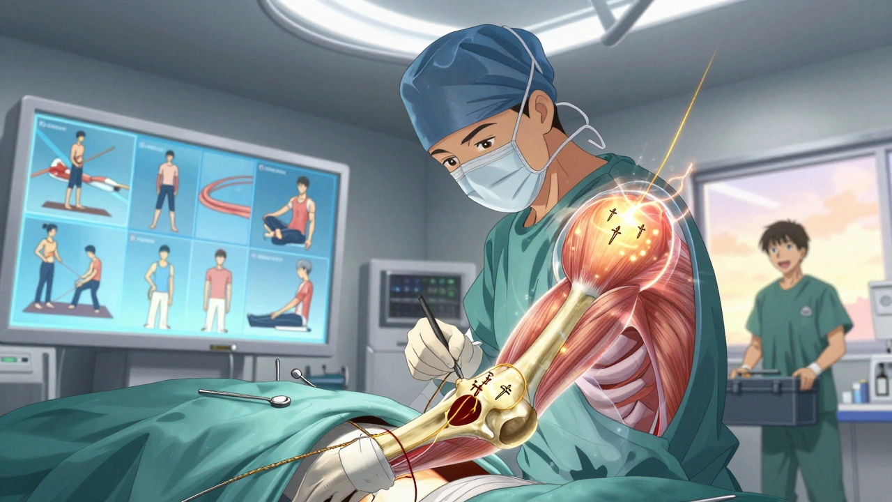A surgeon repairing a rotator cuff with glowing anchors and golden sutures during arthroscopic surgery.
