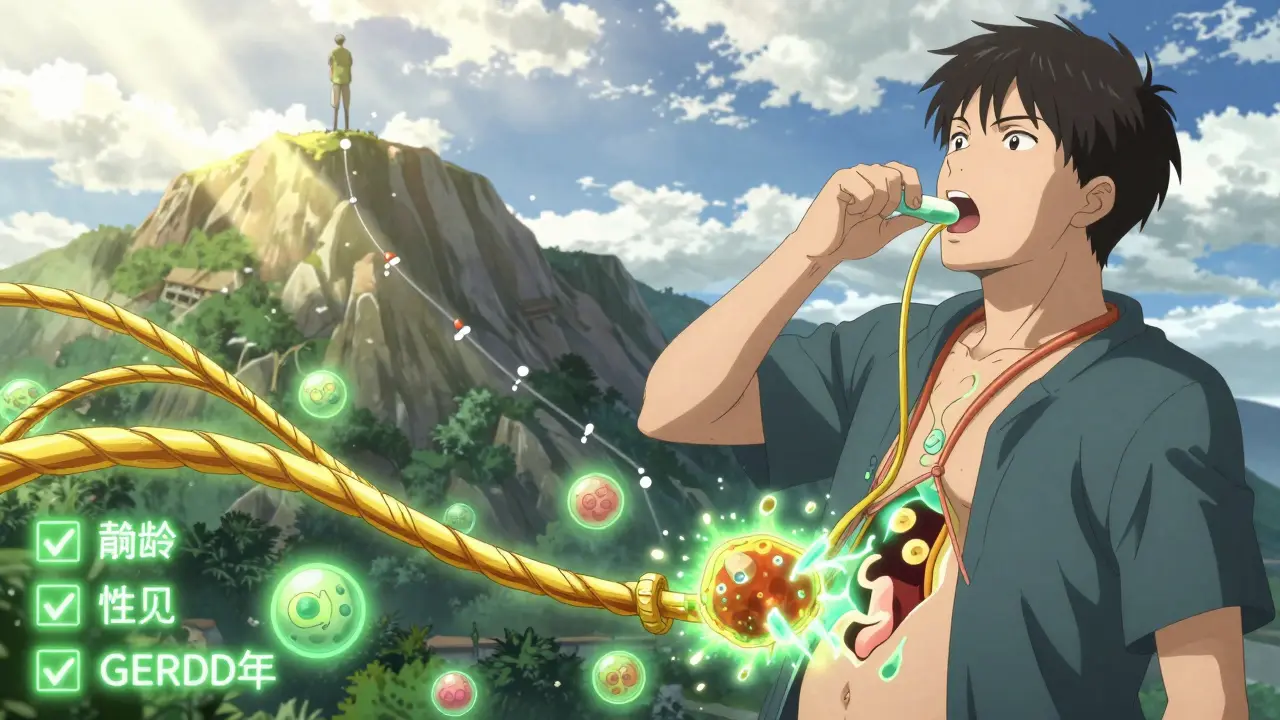 A teen swallowing a glowing pill that extracts dangerous cells from the esophagus in anime style.