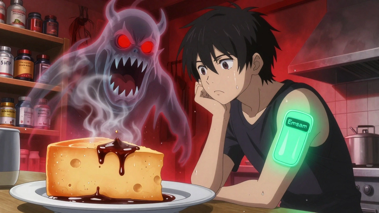 A teenager staring at aged cheese and soy sauce as a monstrous tyramine figure rises from the food, with a calming green Emsam patch on their arm.