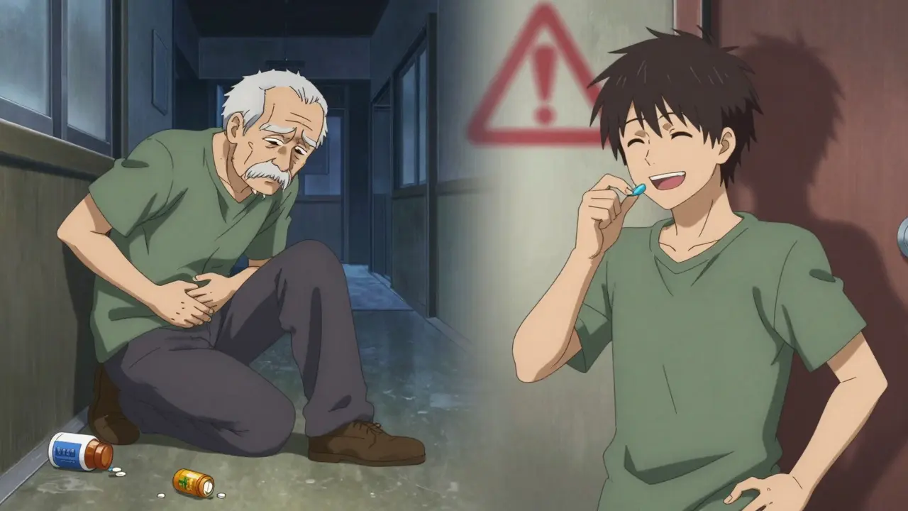 An elderly man stumbling at night with pill bottles nearby, contrasted with his younger self taking a pill carelessly.