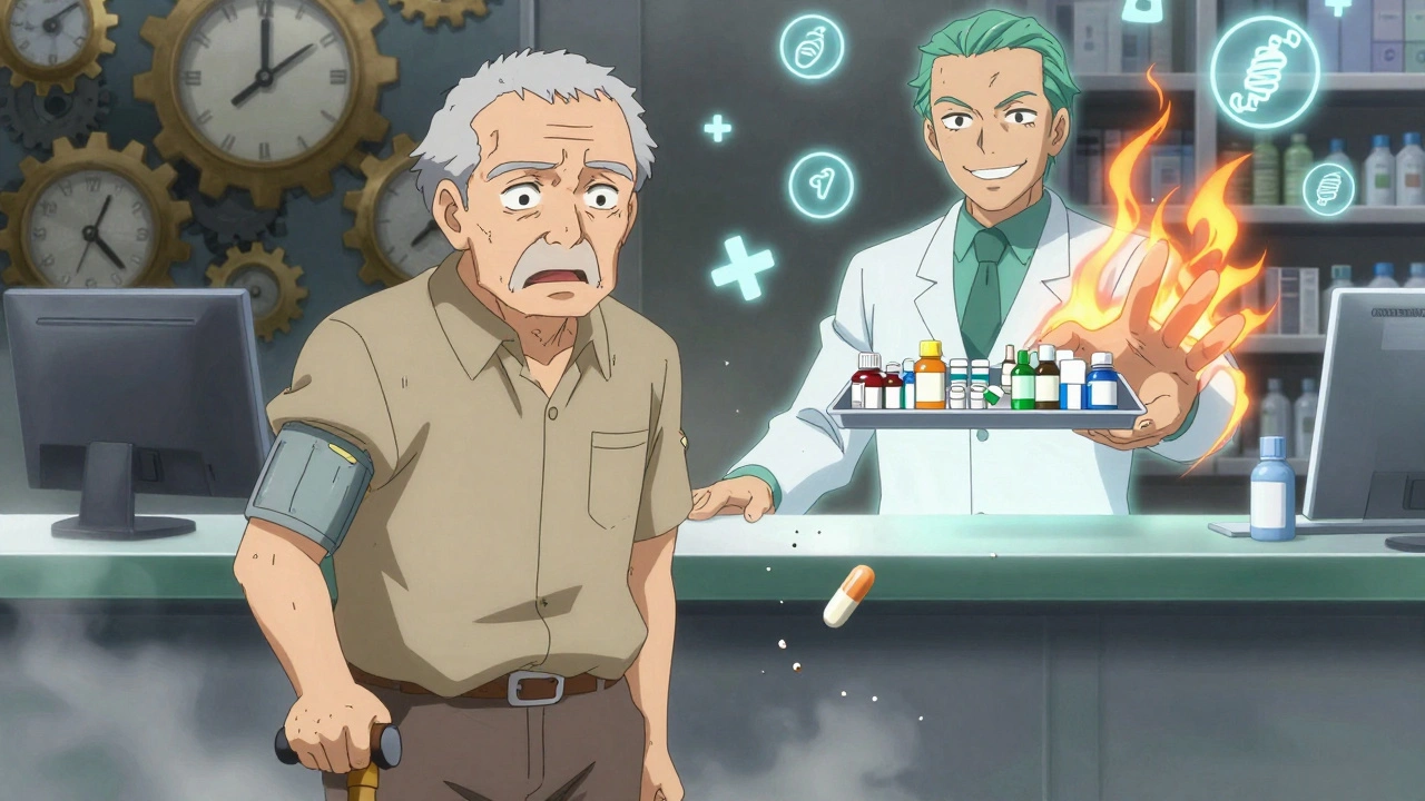 An elderly man surrounded by crumbling meds, rescued by a pharmacist offering a single aligned bundle of all his prescriptions.